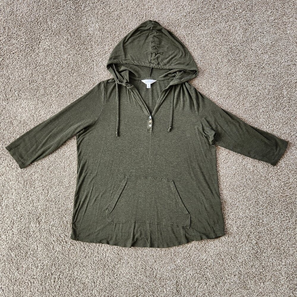 Market & Spruce Olive Green Salvatrice Hooded Henley Lightweight Sweatshirt Top